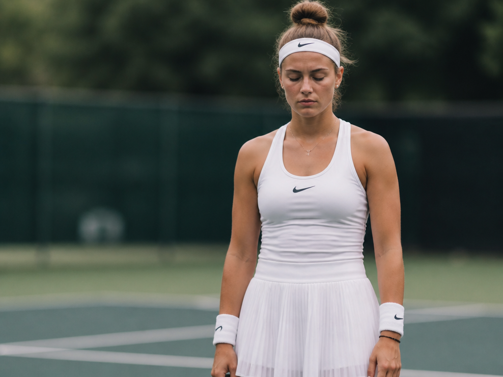 A photorealistic image of a female tennis player standing alone at the baseline of…