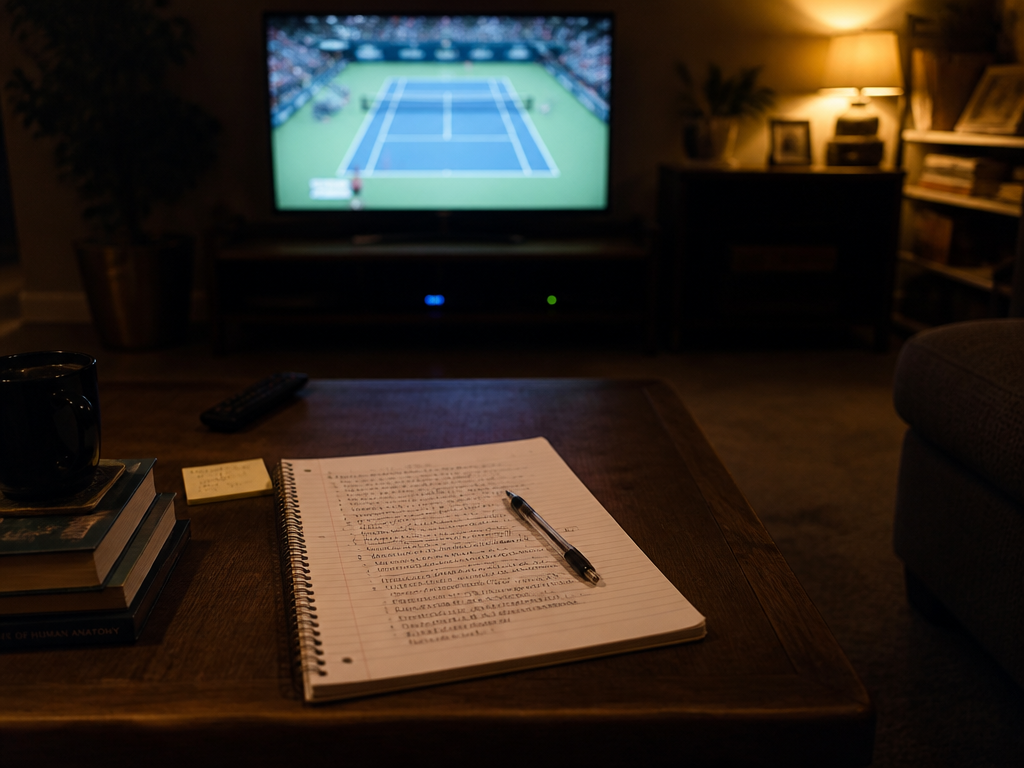 An overhead photograph of a dim living room at night where a large television…