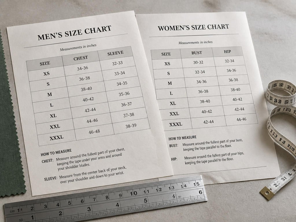 A close-up overhead photograph of two printed apparel size charts laid side by side…