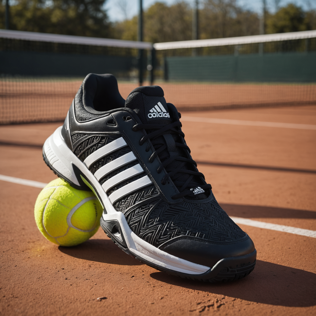 Extreme close-up product photograph of a single adidas Barricade 14 tennis shoe positioned on…
