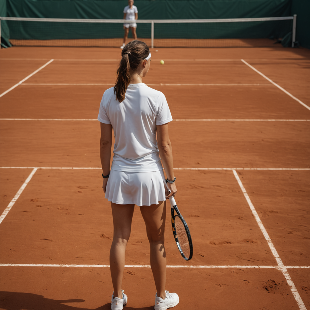 A photorealistic medium shot of a young female tennis player standing relaxed at the…