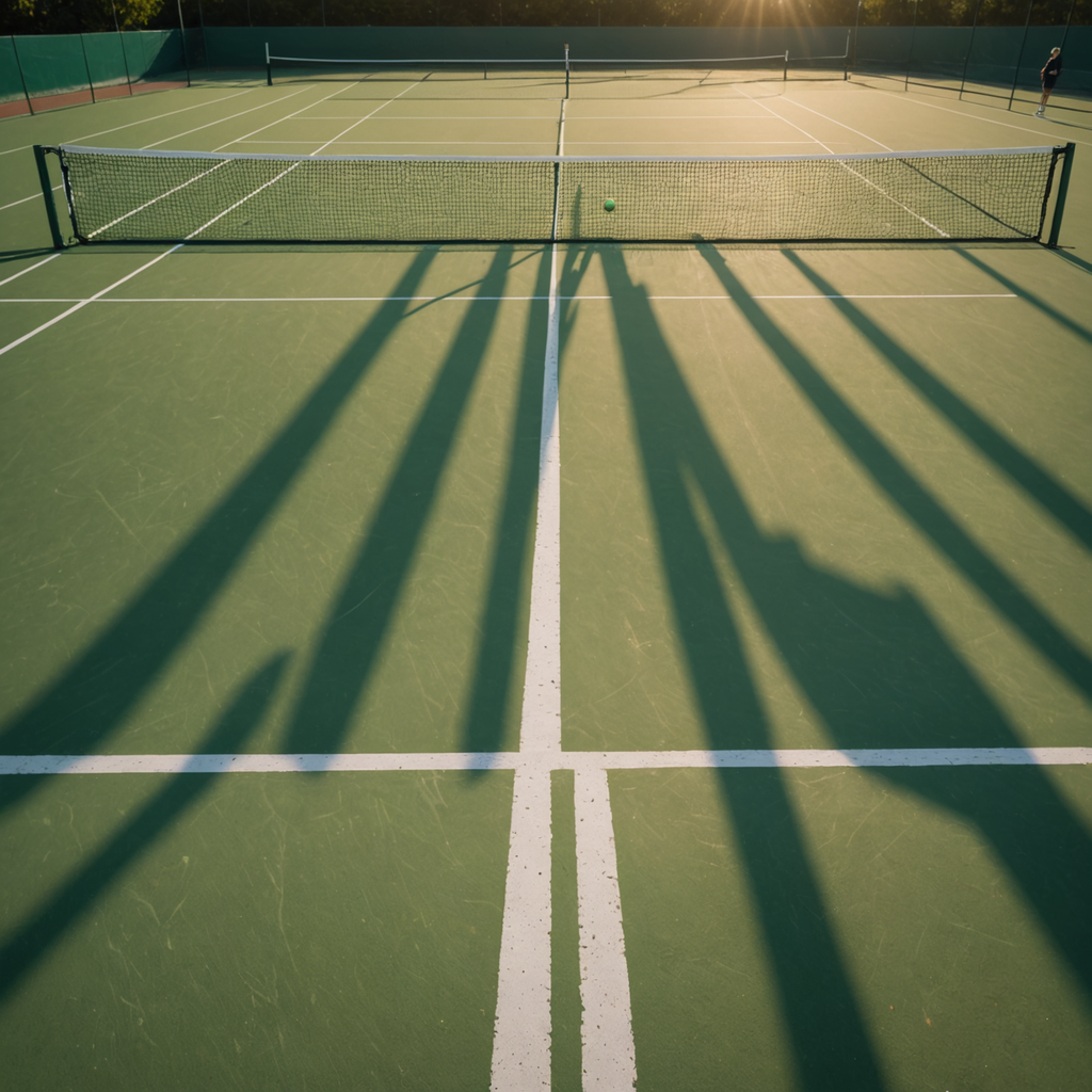 A photorealistic ground-level shot from a tennis player's perspective standing at the center of…