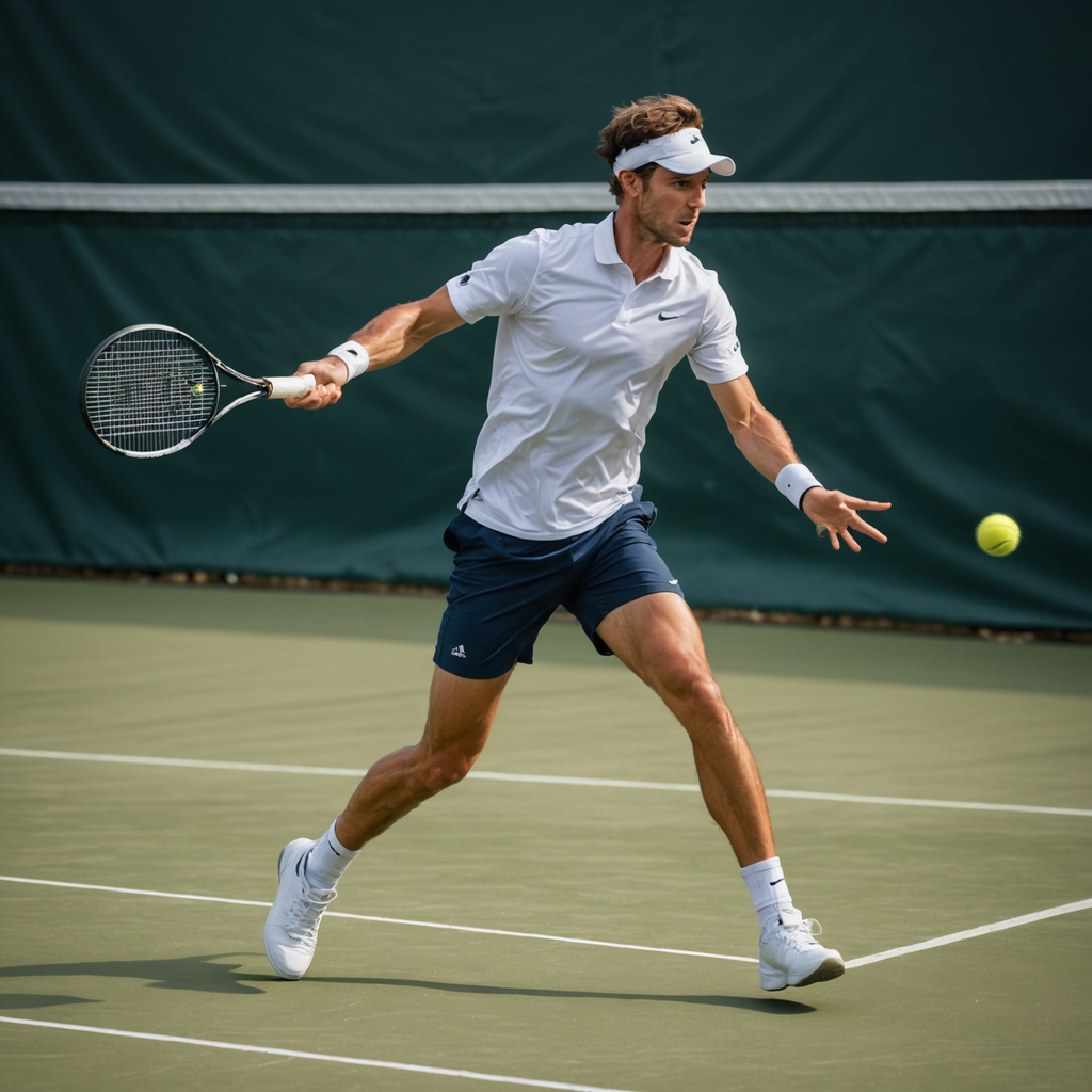 A dynamic full-body action shot of an intermediate tennis player mid-stride during a wide…