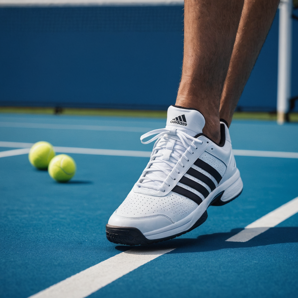 A close-up macro photograph of a white and black adidas-style stability tennis shoe planted…