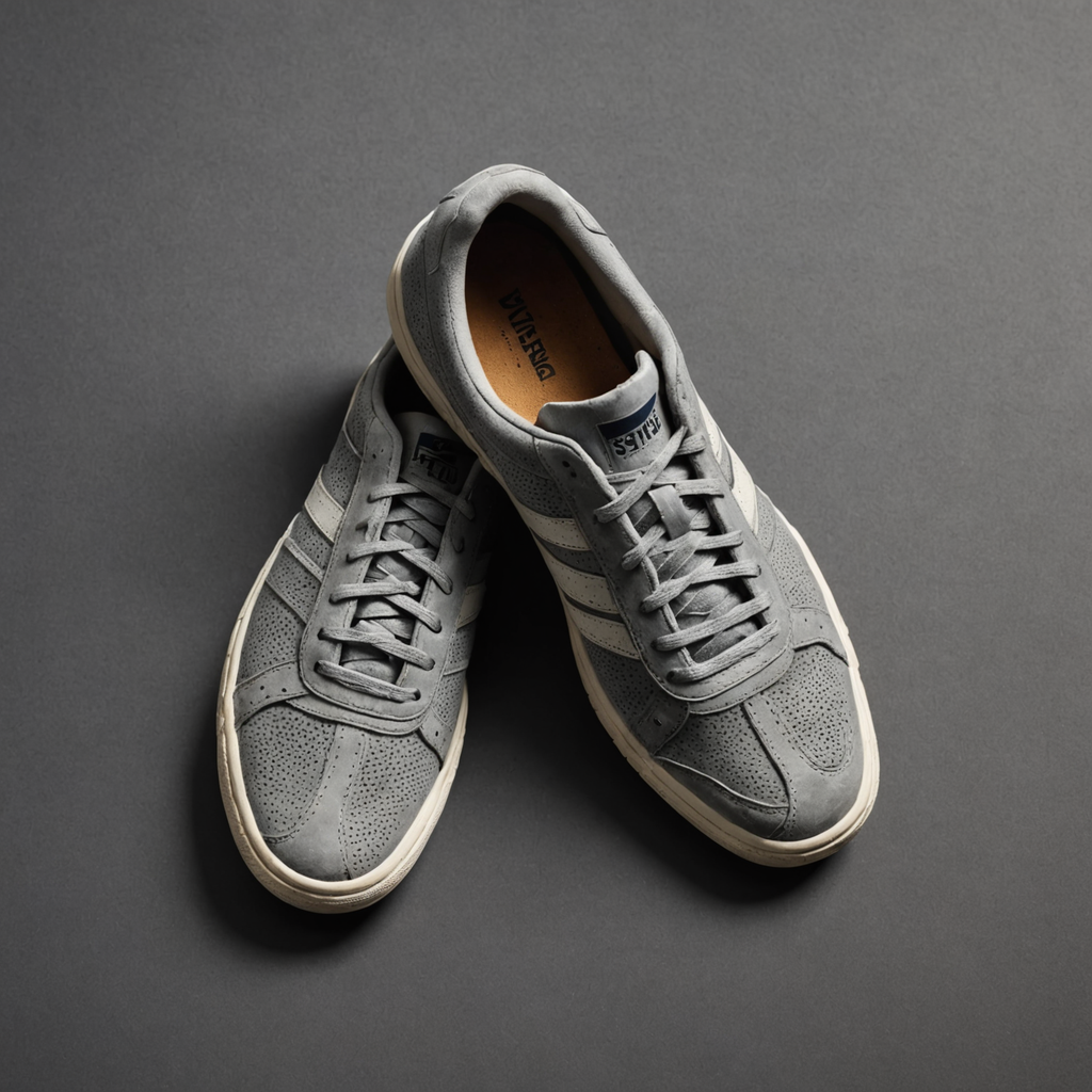 A flat-lay studio still life of a single worn tennis shoe sole turned upward…