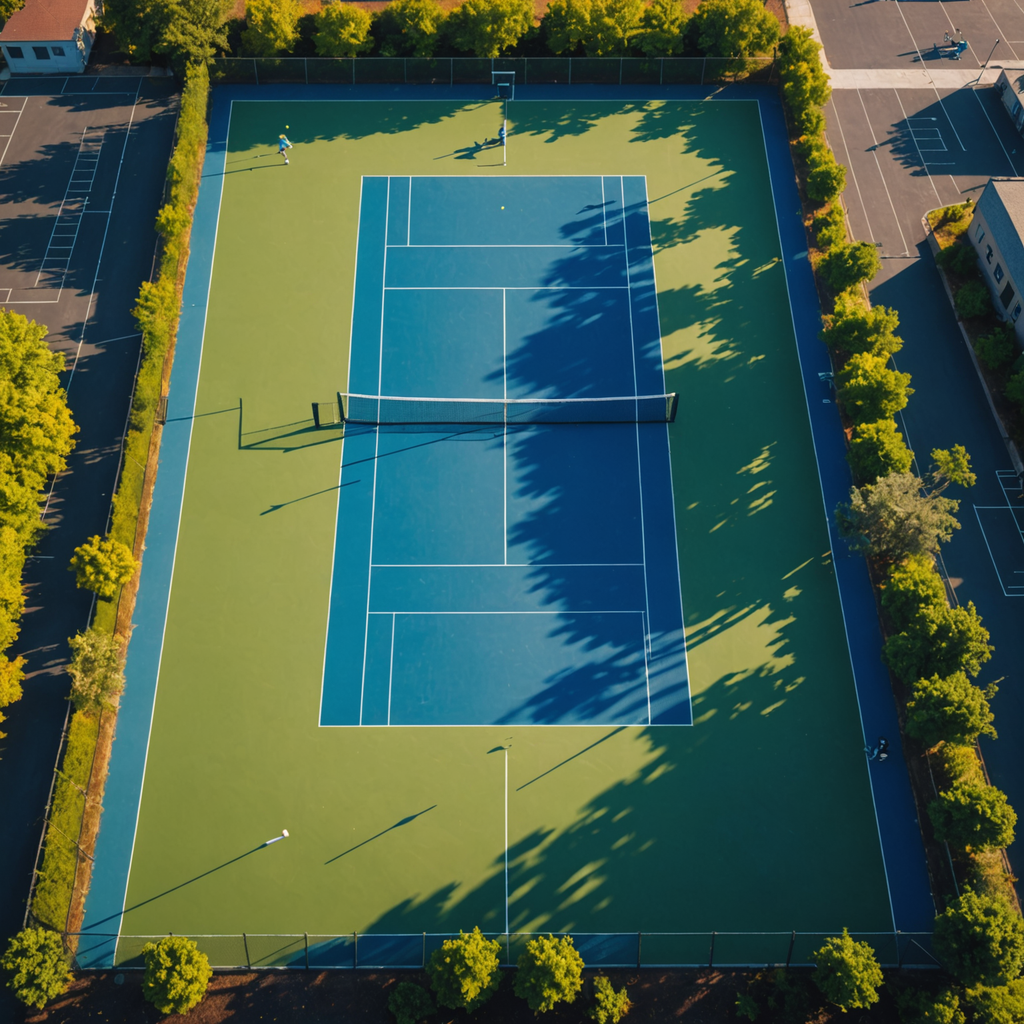 A wide overhead aerial photograph of a freshly painted blue and green hard tennis…