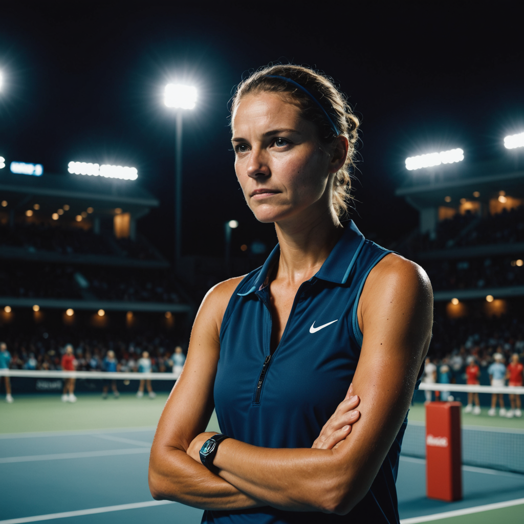 A powerful documentary-style portrait of a female tennis player standing confidently mid-court under bright…