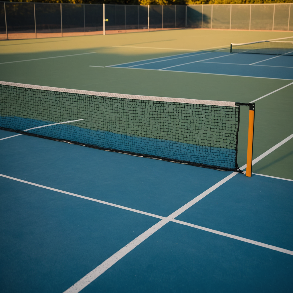 A dramatic low-angle photograph of an empty outdoor hard tennis court at dusk, the…