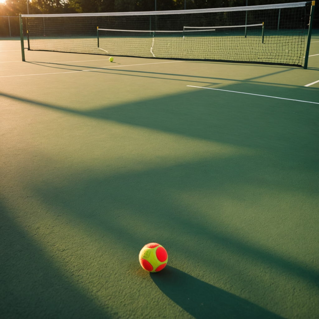 A wide environmental photograph of an empty outdoor tennis court at golden hour, viewed…