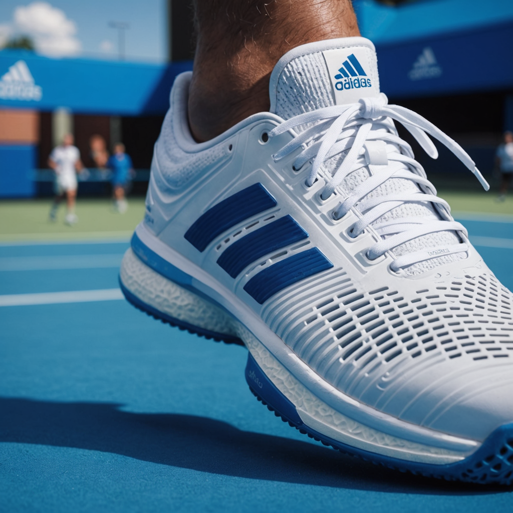 Extreme close-up macro photograph of a white-and-blue adidas SoleCourt Boost tennis shoe at the…