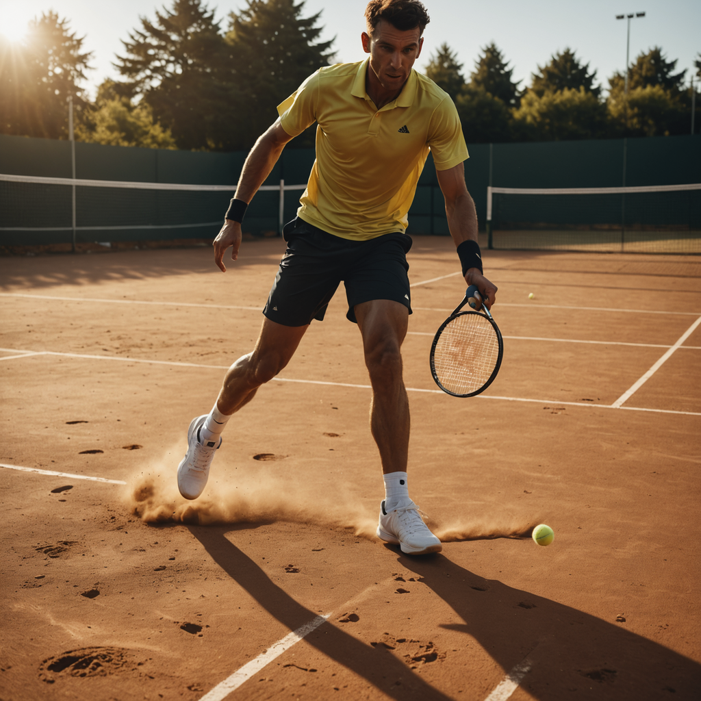 Dynamic side-angle action photograph of a tennis player mid-lateral slide on an outdoor hard…