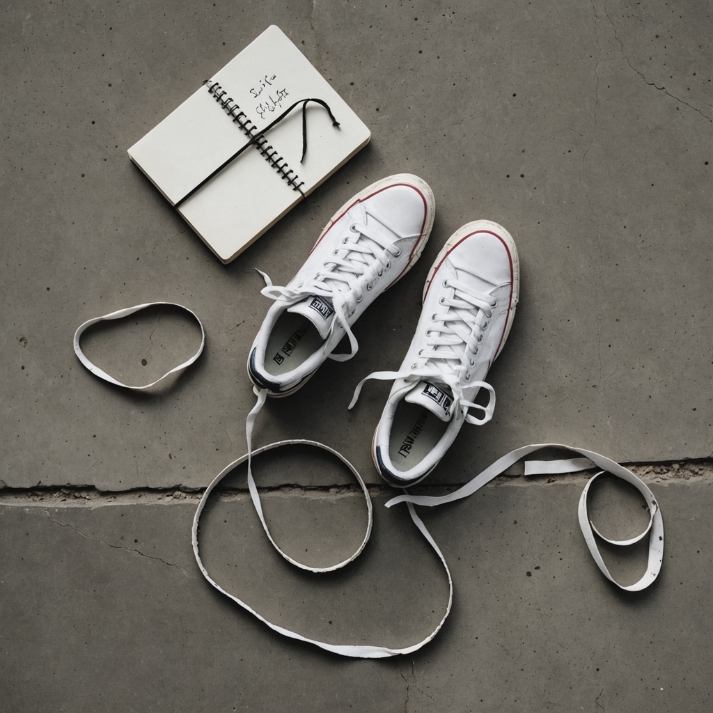 An overhead flat-lay on weathered concrete of a worn pair of white tennis shoes…