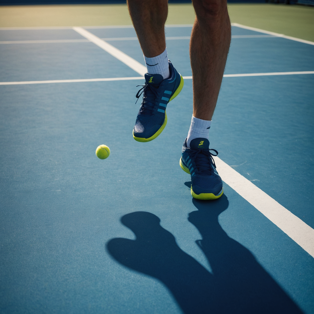 Close-up low-angle shot of a tennis player's shoes mid push-off on a sunlit blue…