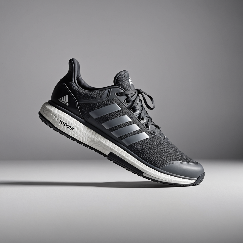 A single Adidas SoleCourt Boost tennis shoe positioned on a digital kitchen-style scale against…