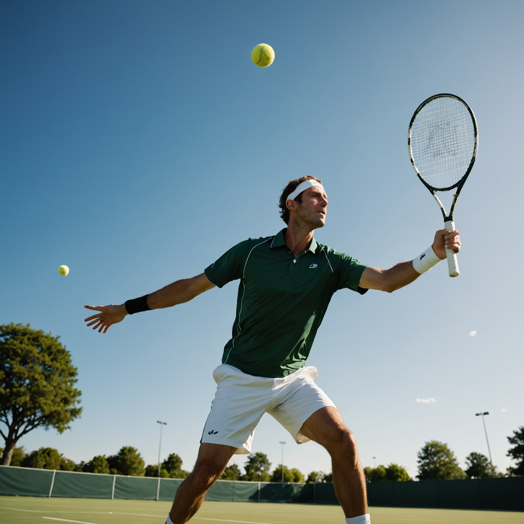 A dramatic low-angle photograph of a tall professional tennis player mid-serve on a pristine…