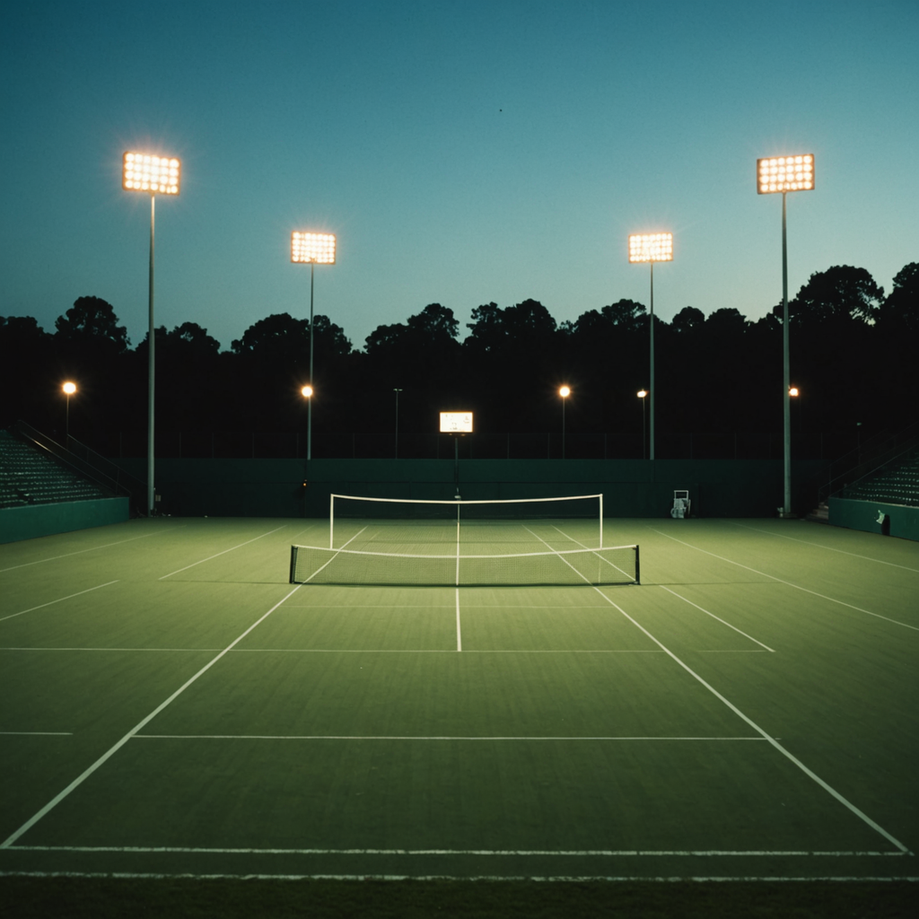 An evocative wide shot of an empty championship grass tennis court at dusk, the…