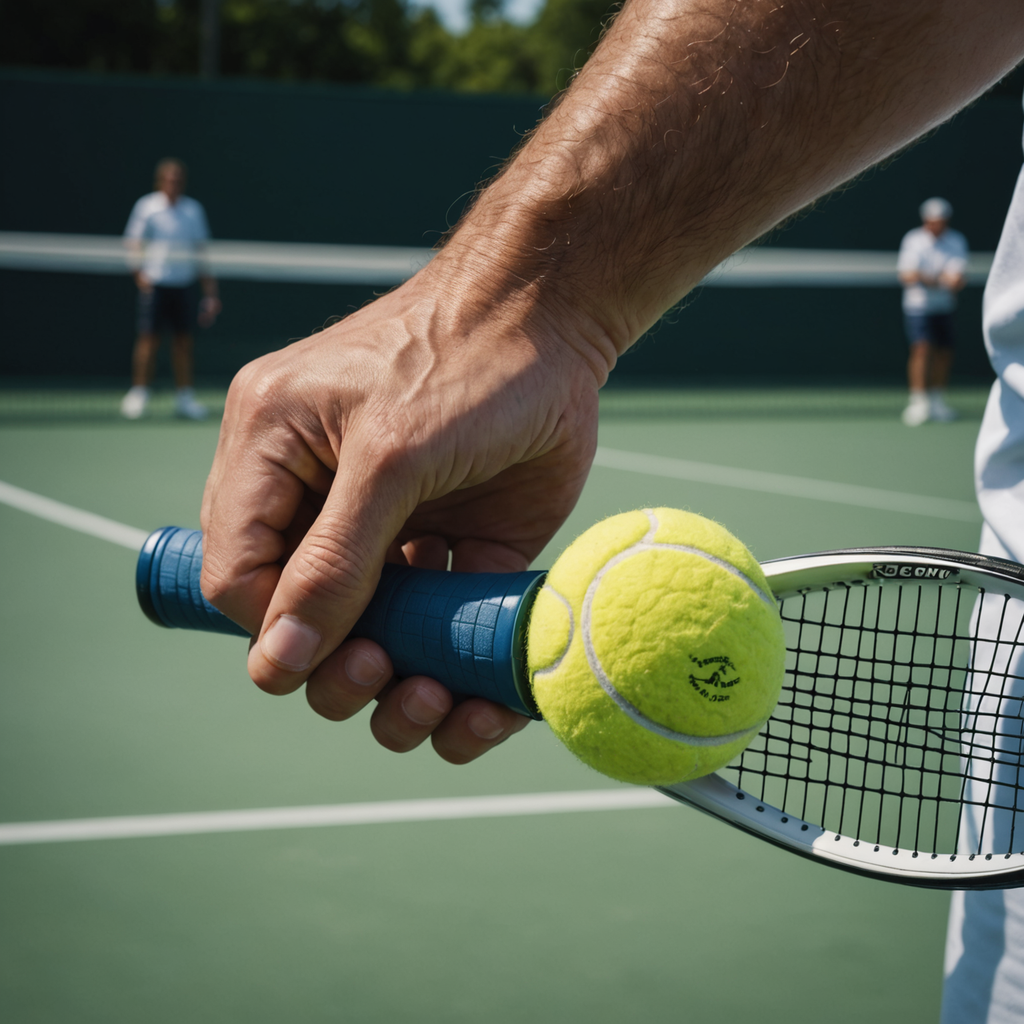 Extreme close-up of a tennis player's hand wrapped around the octagonal handle of a…