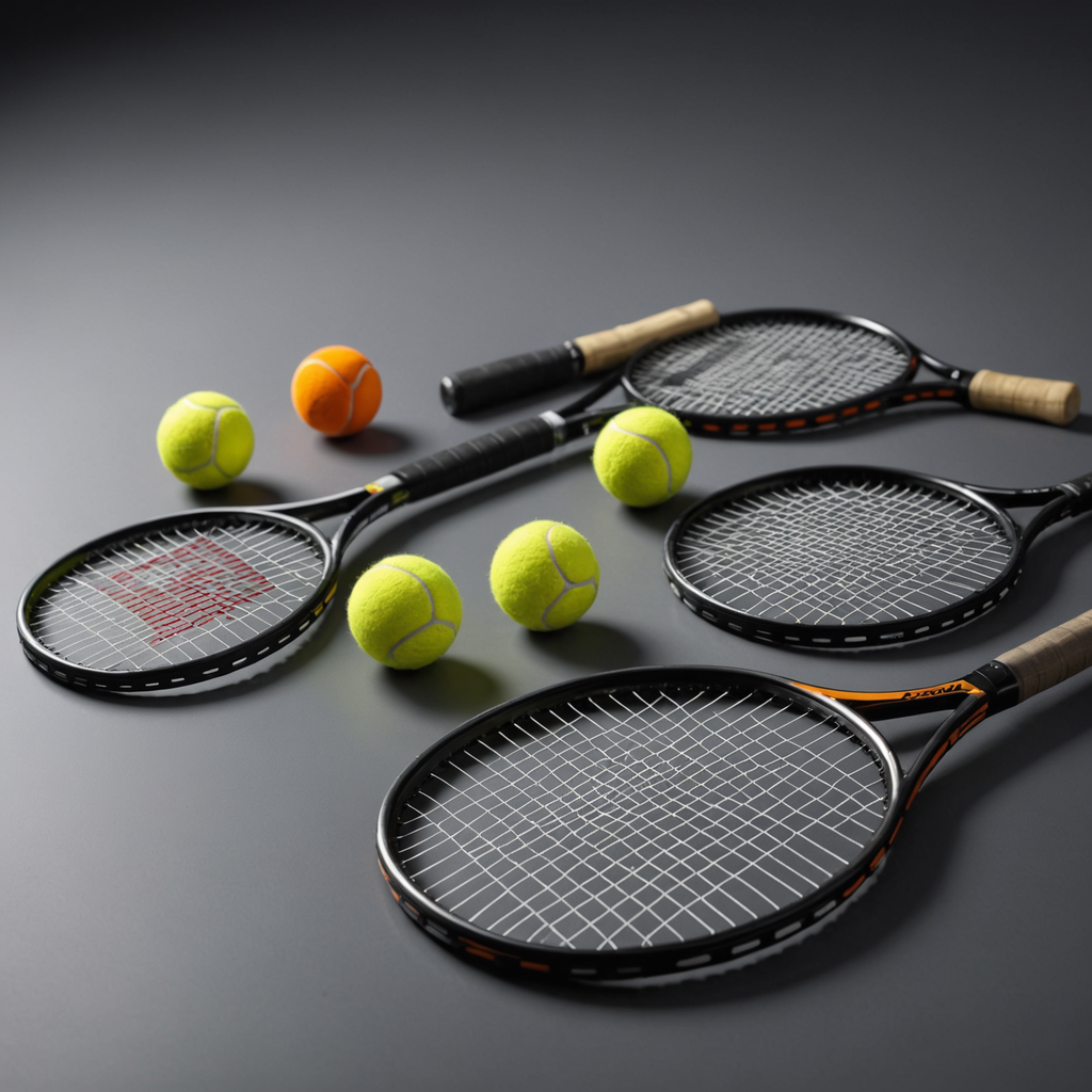Photorealistic studio still life of six different tennis vibration dampeners arranged in a neat…