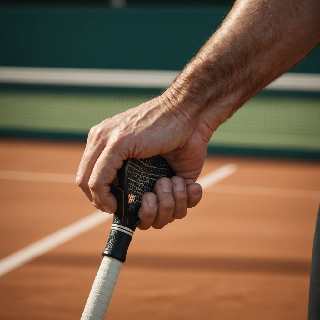 Extreme close-up macro photograph of a tennis player's hand wrapped around the octagonal handle…