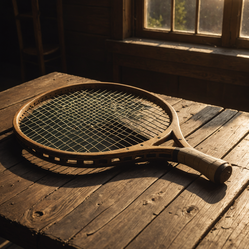 A weathered vintage wooden tennis racquet resting on its side edge atop a rustic…