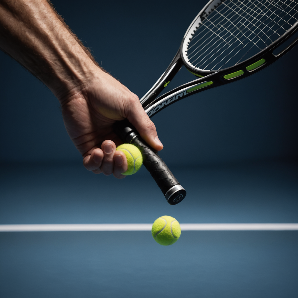 Extreme close-up of a hand gripping a tennis racquet handle in the continental position…