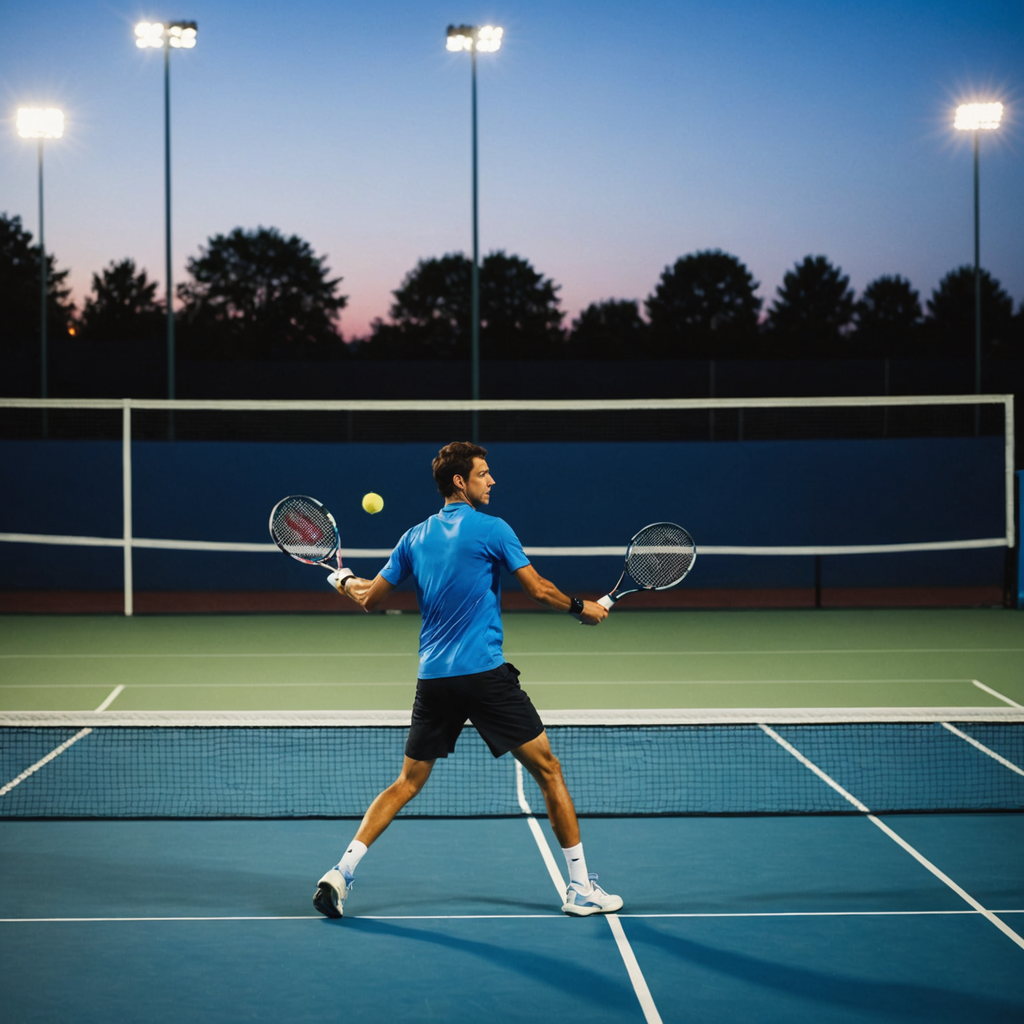 A lone tennis player at the net captured mid-motion during a volley on an…