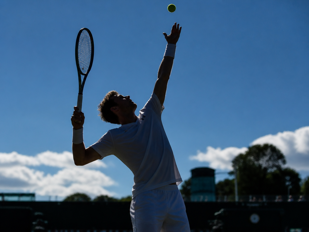 A tennis player frozen mid-serve at the peak of the toss, arm extended overhead…