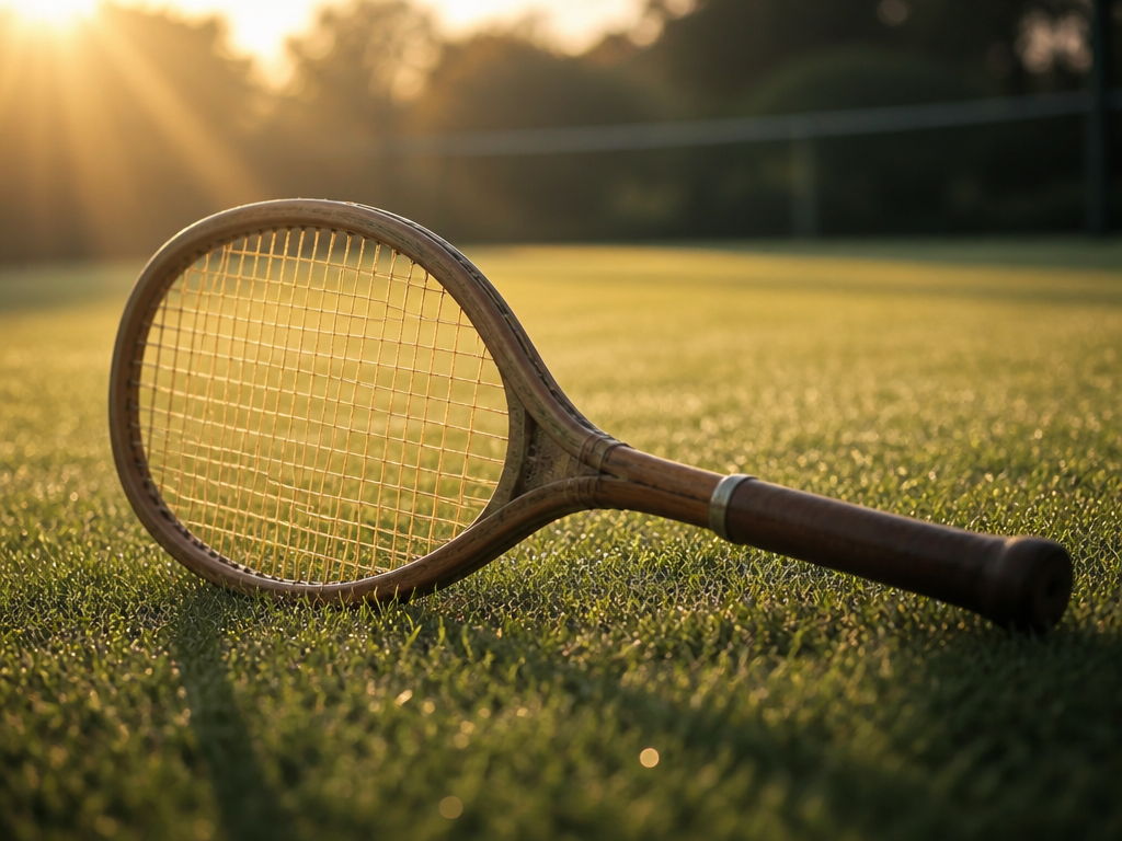 A vintage wooden tennis racquet with a slightly lopsided head and natural gut strings…