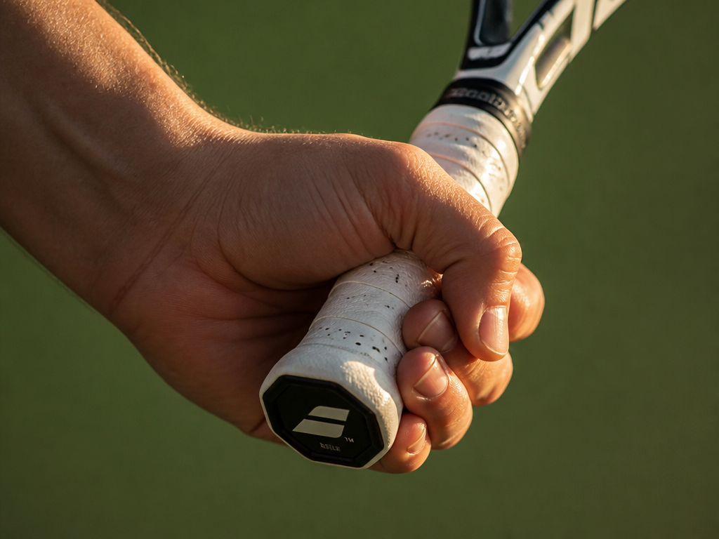 Extreme close-up of a hand wrapped around a tennis racquet handle in the continental…