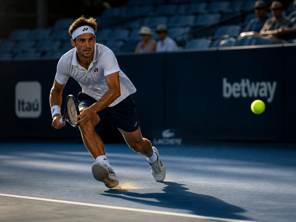 A photorealistic action shot of a male tennis player captured mid-stride as he moves…