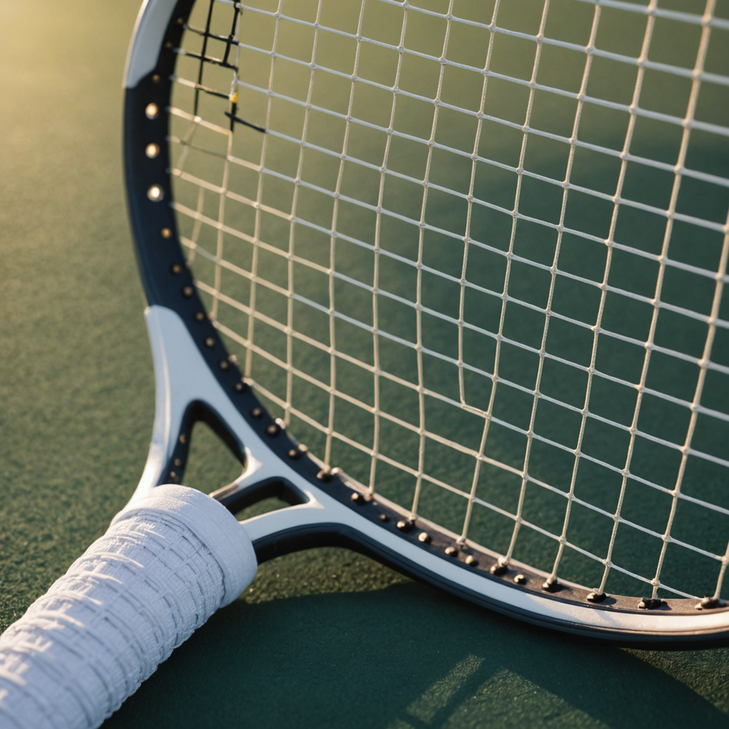 Extreme close-up macro photograph of a freshly strung tennis racquet head resting on a…