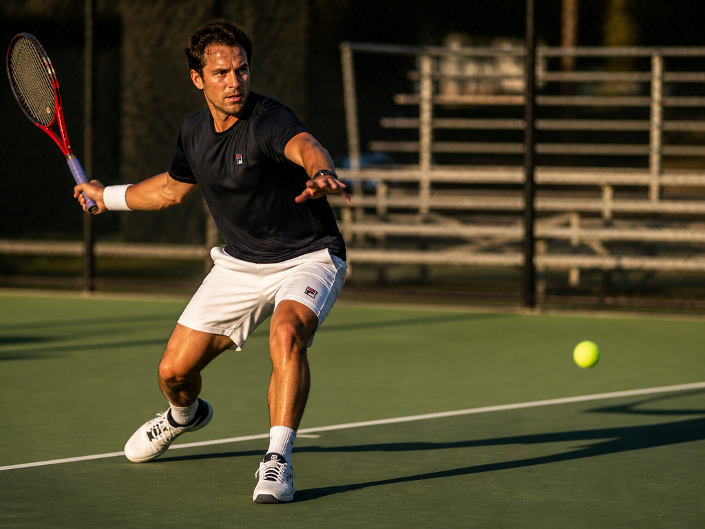 A photorealistic action shot of a male tennis player at the 4.0 recreational level…