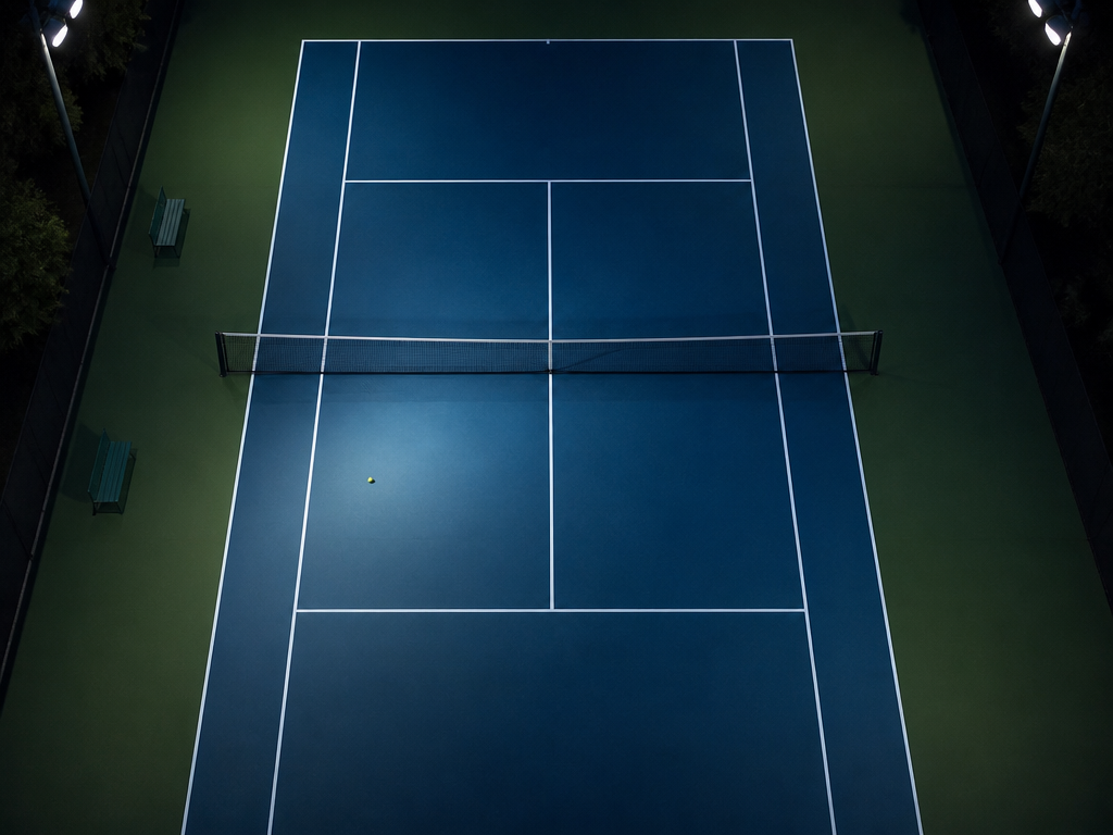 A photorealistic overhead aerial composition of a single blue and green tennis court viewed…