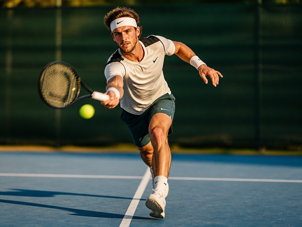 A dramatic low-angle action photograph of a male tennis player mid-stride sprinting forward toward…
