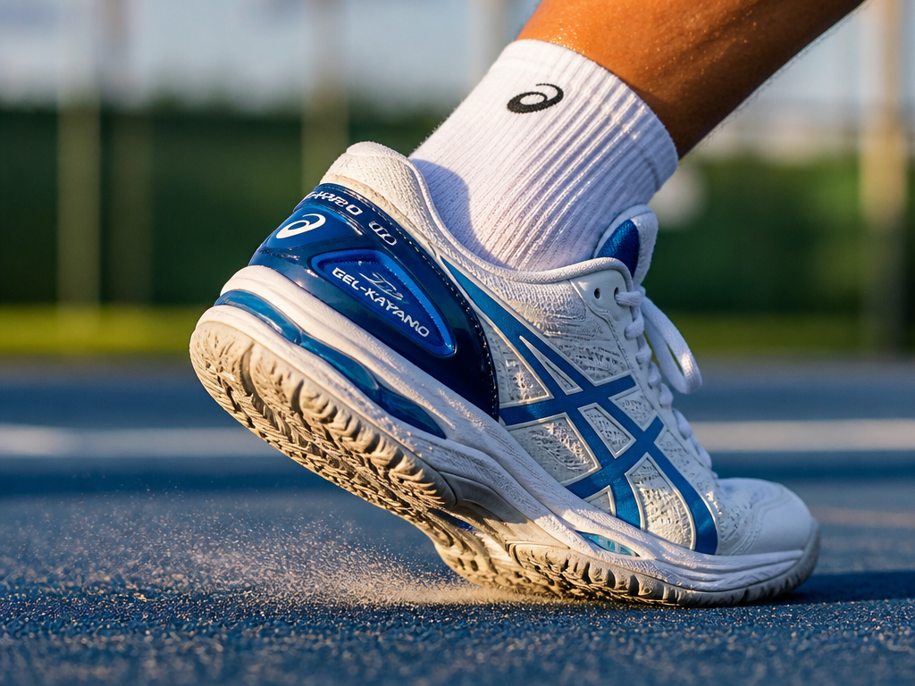 Close-up action photograph of a single white-and-blue ASICS-style stability tennis shoe planted hard on…