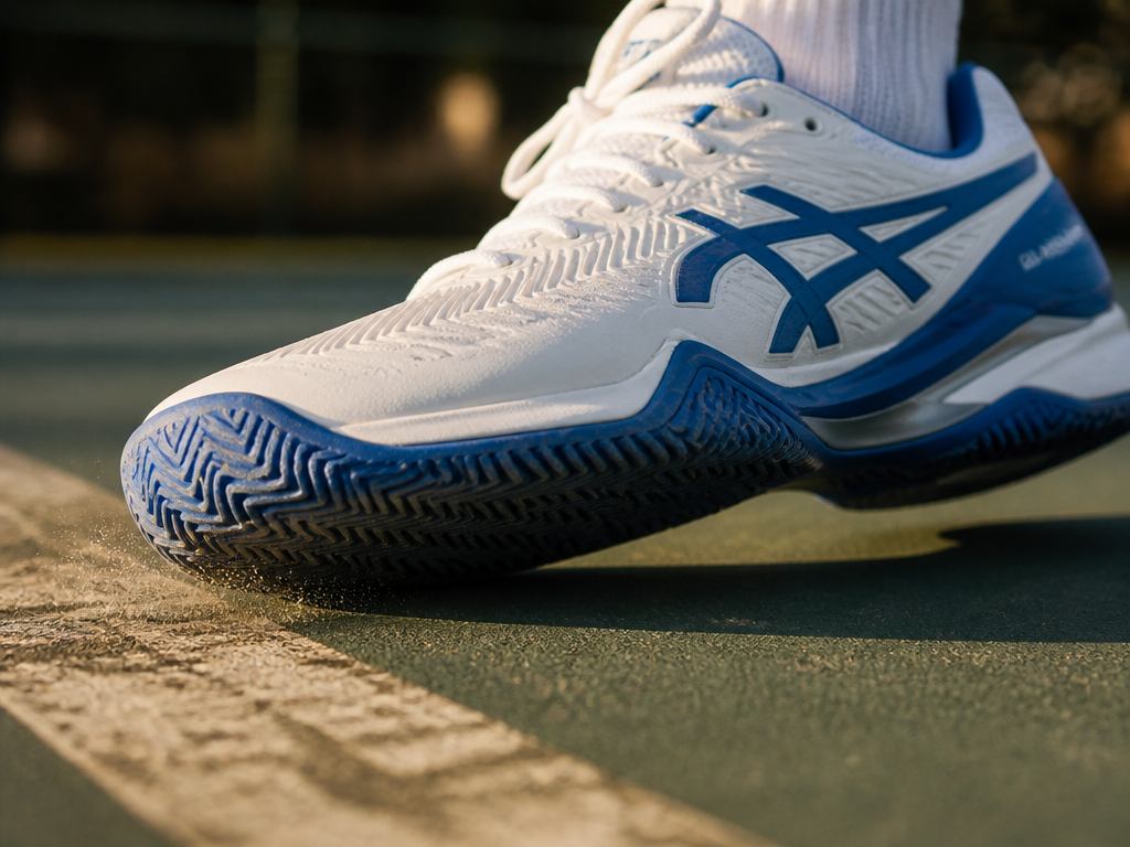 A close-up, low-angle photograph of a single white-and-blue tennis court shoe planted hard on…