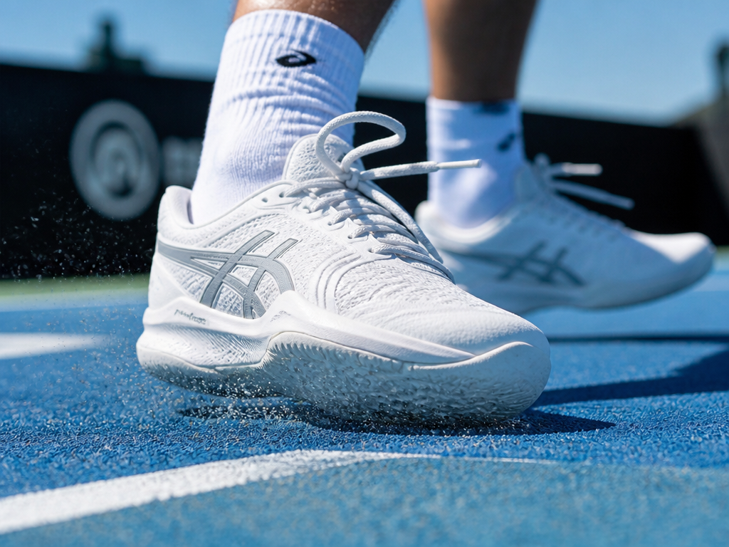 Extreme low-angle close-up of a tennis player's shoes mid-lateral cut on a blue hard…