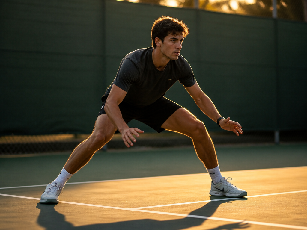 A focused tennis player crouched in a low athletic split-stance ready position on an…