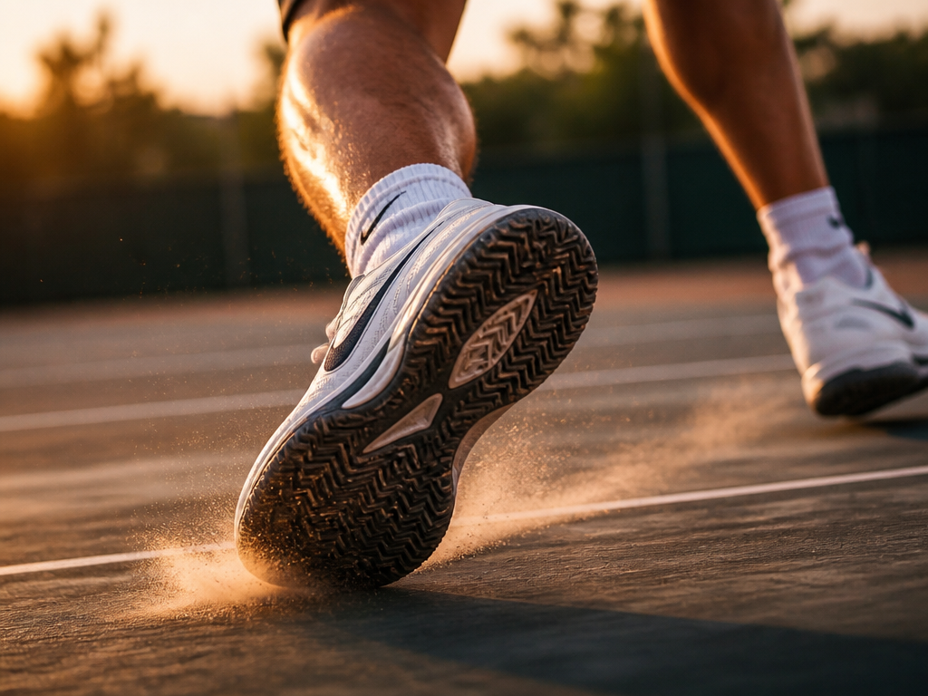 A dynamic low-angle action photograph on an outdoor hard court at golden hour, capturing…