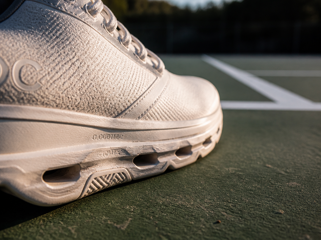 A close-up macro photograph of a single white tennis shoe positioned on the worn…