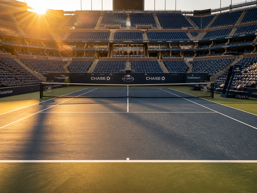 A photorealistic wide-angle shot of an empty professional tennis stadium at golden hour, the…