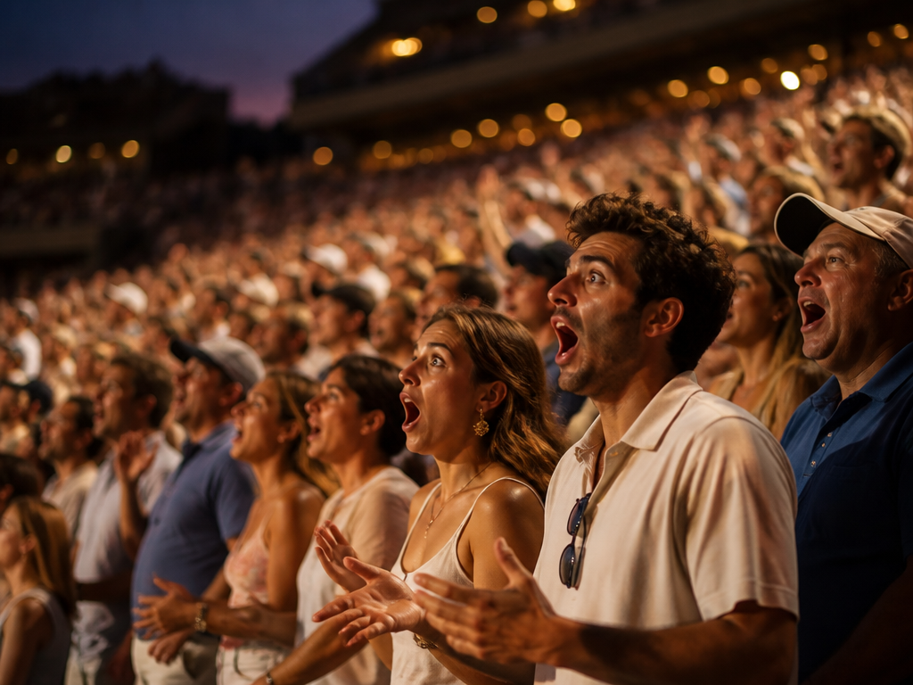 An atmospheric wide shot of a packed tennis stadium crowd mid-roar, hundreds of spectators…