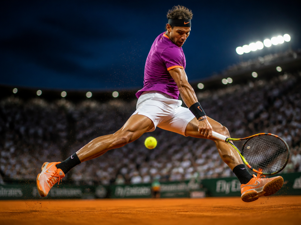 A dramatic low-angle action photograph of a professional tennis player mid-leap with their back…