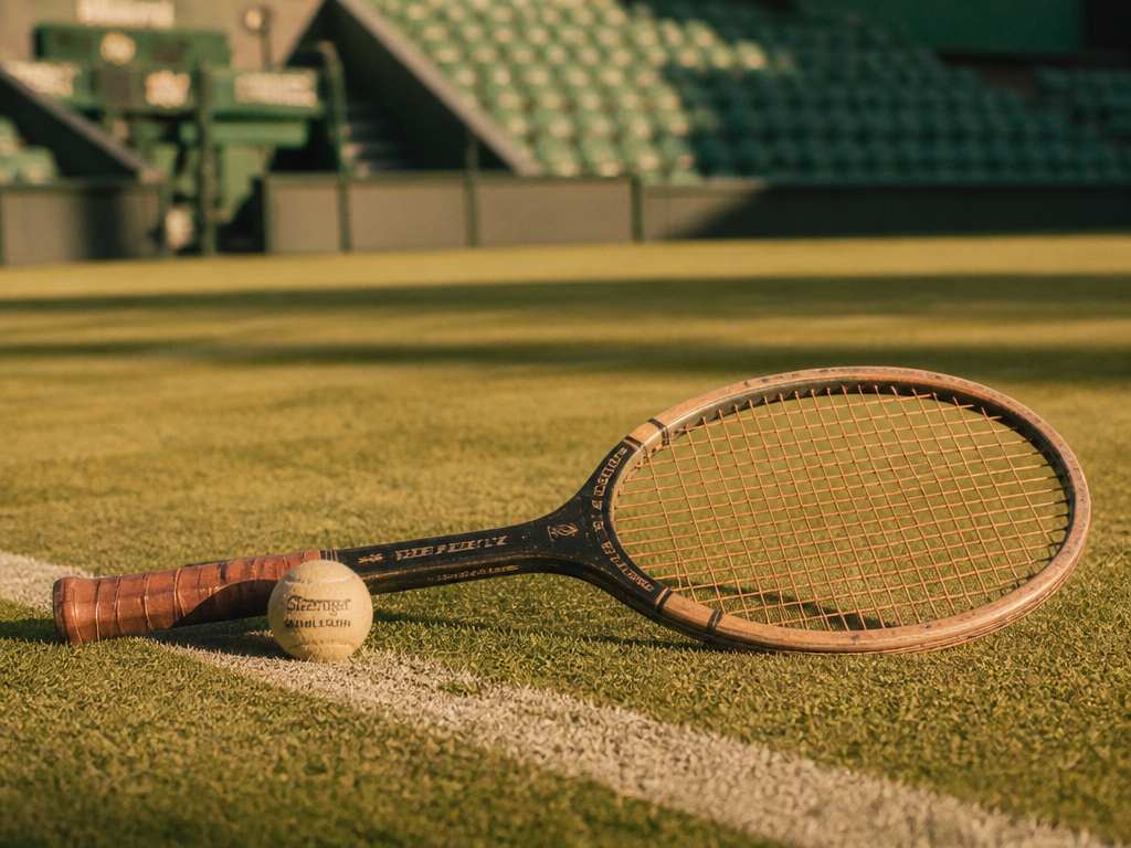 A nostalgic, slightly grainy photograph evoking 1990s tennis, a vintage wooden-handled style graphite racket…