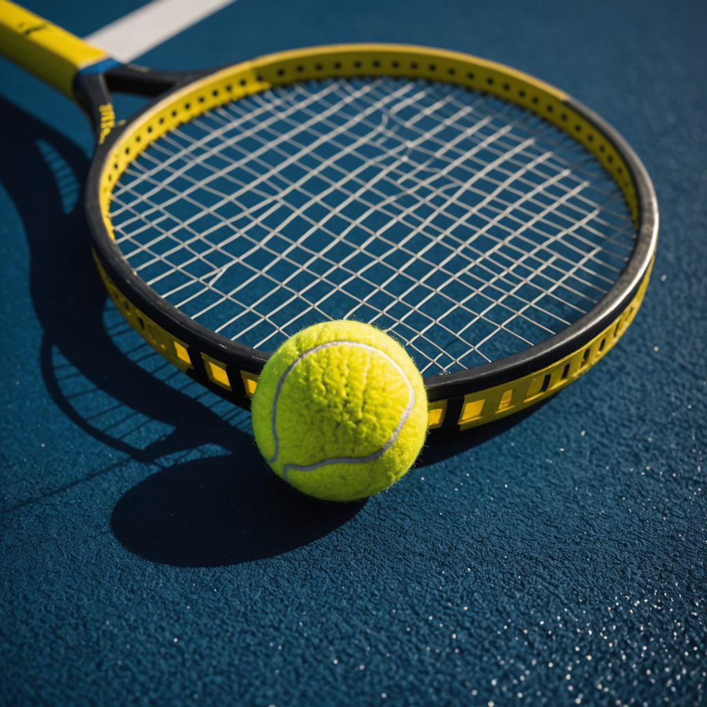 Close-up macro photograph of a black and yellow tennis racquet with a dense 18x20…