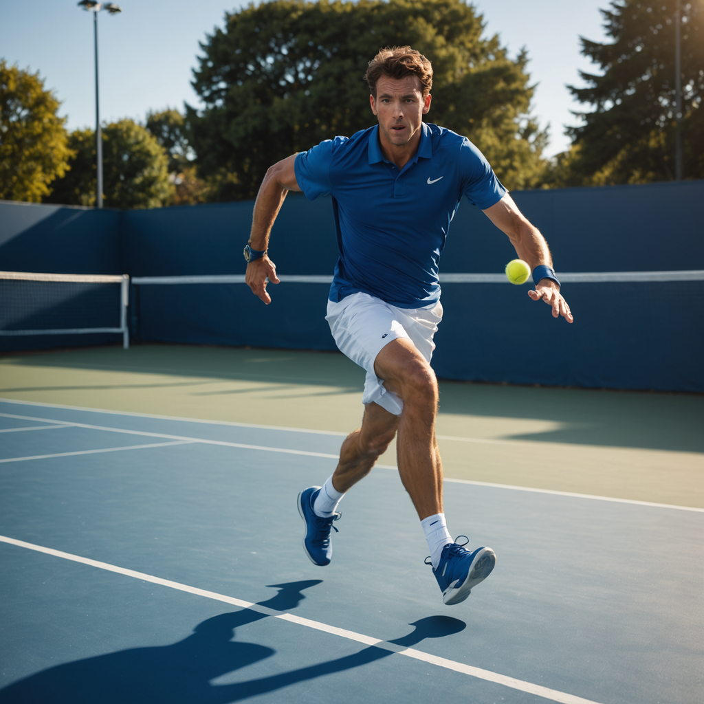 Wide low-angle action photograph of a lean, athletic male tennis player mid-stride sprinting along…