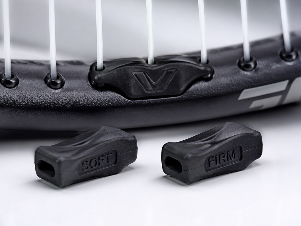 Extreme macro close-up of a black rubber vibration dampener seated between the bottom main…