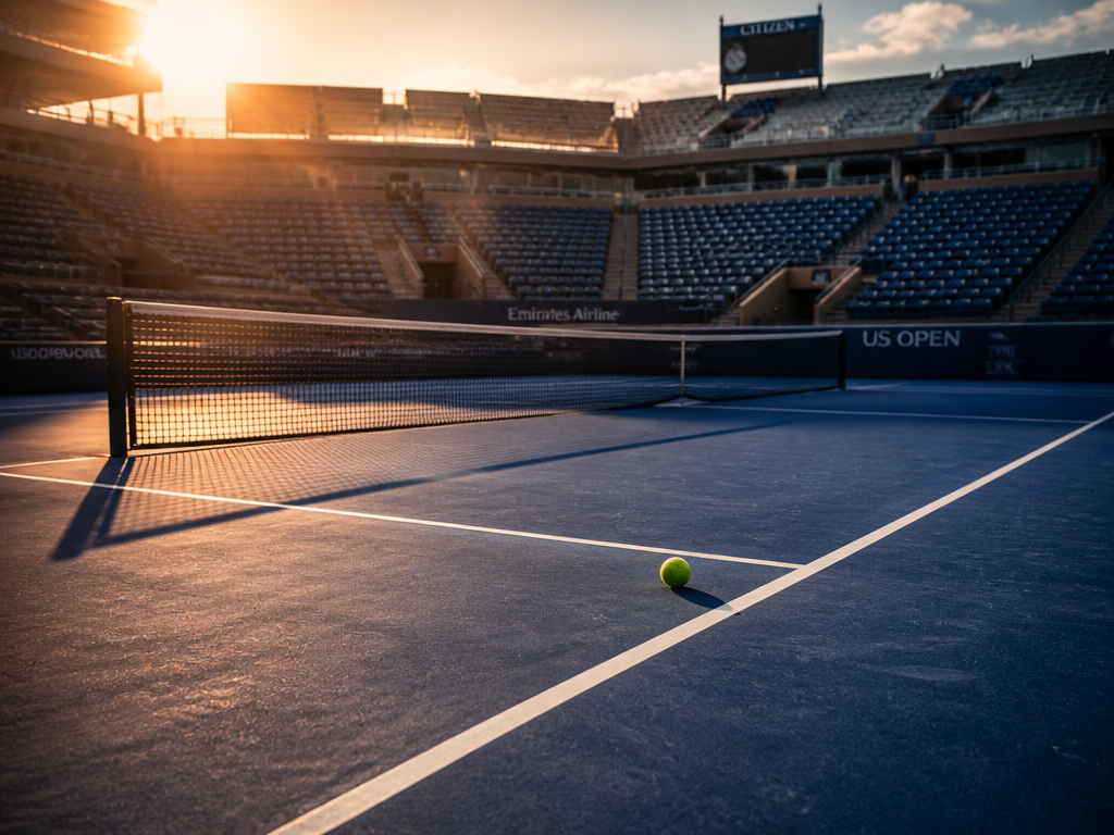 A wide, atmospheric photograph of a professional tennis court inside a large stadium during…