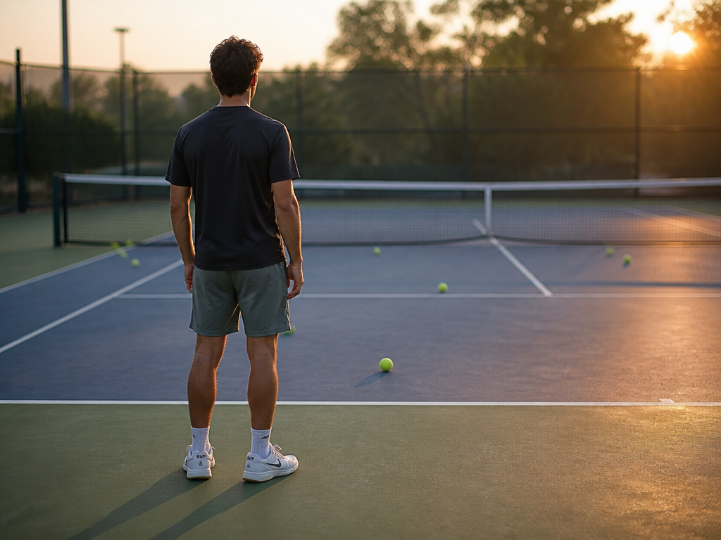 A lone recreational tennis player standing mid-court on an outdoor hard court at golden…