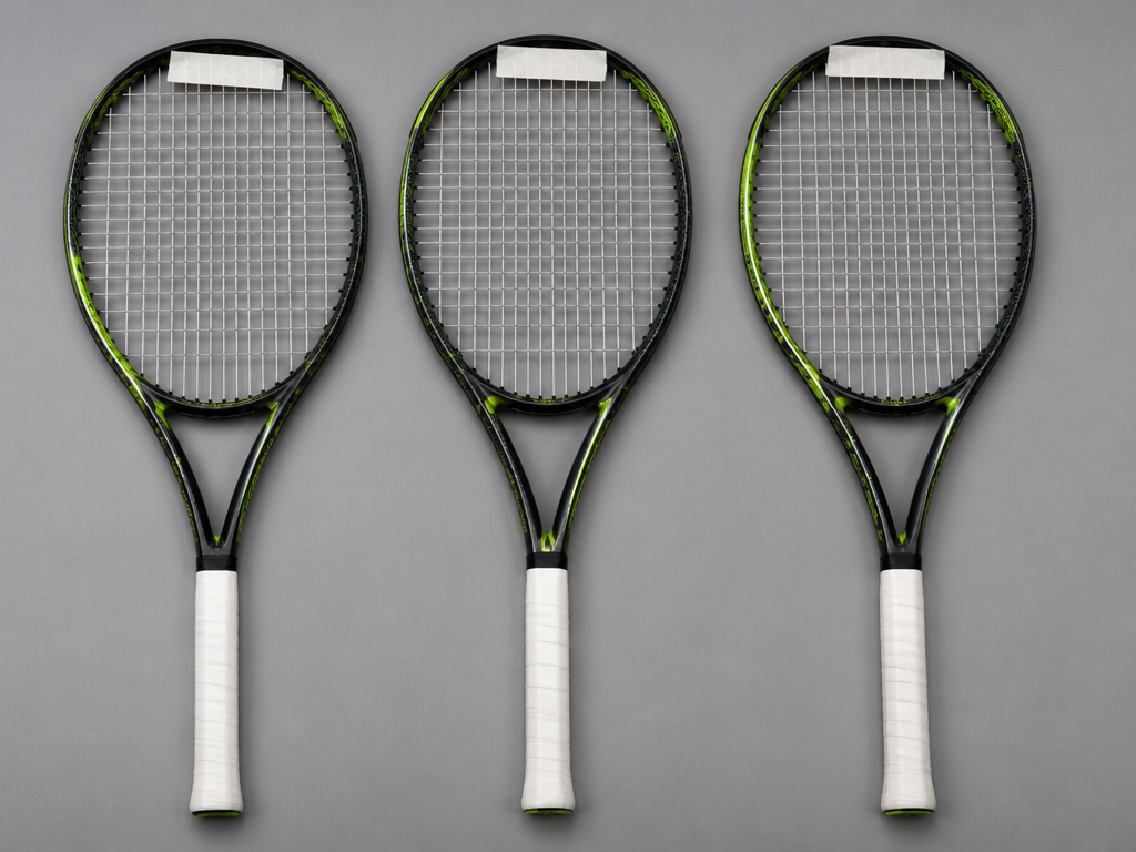 A photorealistic overhead flat-lay studio shot of three nearly identical black-and-neon tennis racquets arranged…